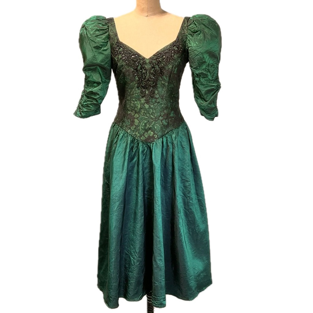 VINTAGE 80s holographic prom gown formal dress dark moody emerald forest lace - Picture 3 of 17